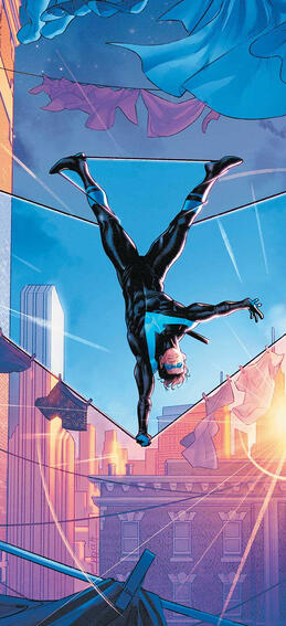 Dick does a handstand between two clothing lines. Together, they make the Nightwing symbol.